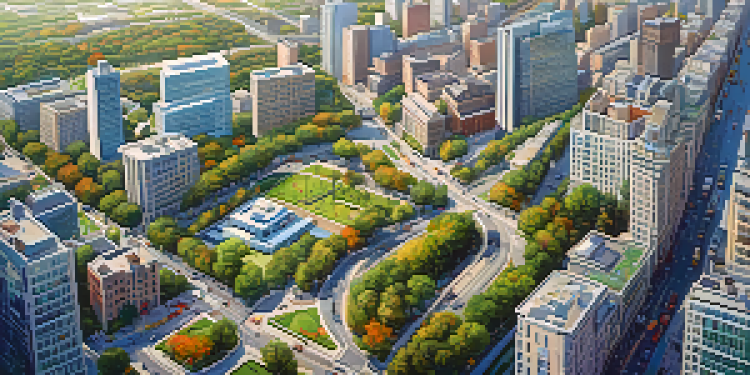 Aerial view of a busy city with roads, buildings, and green parks under a clear blue sky.
