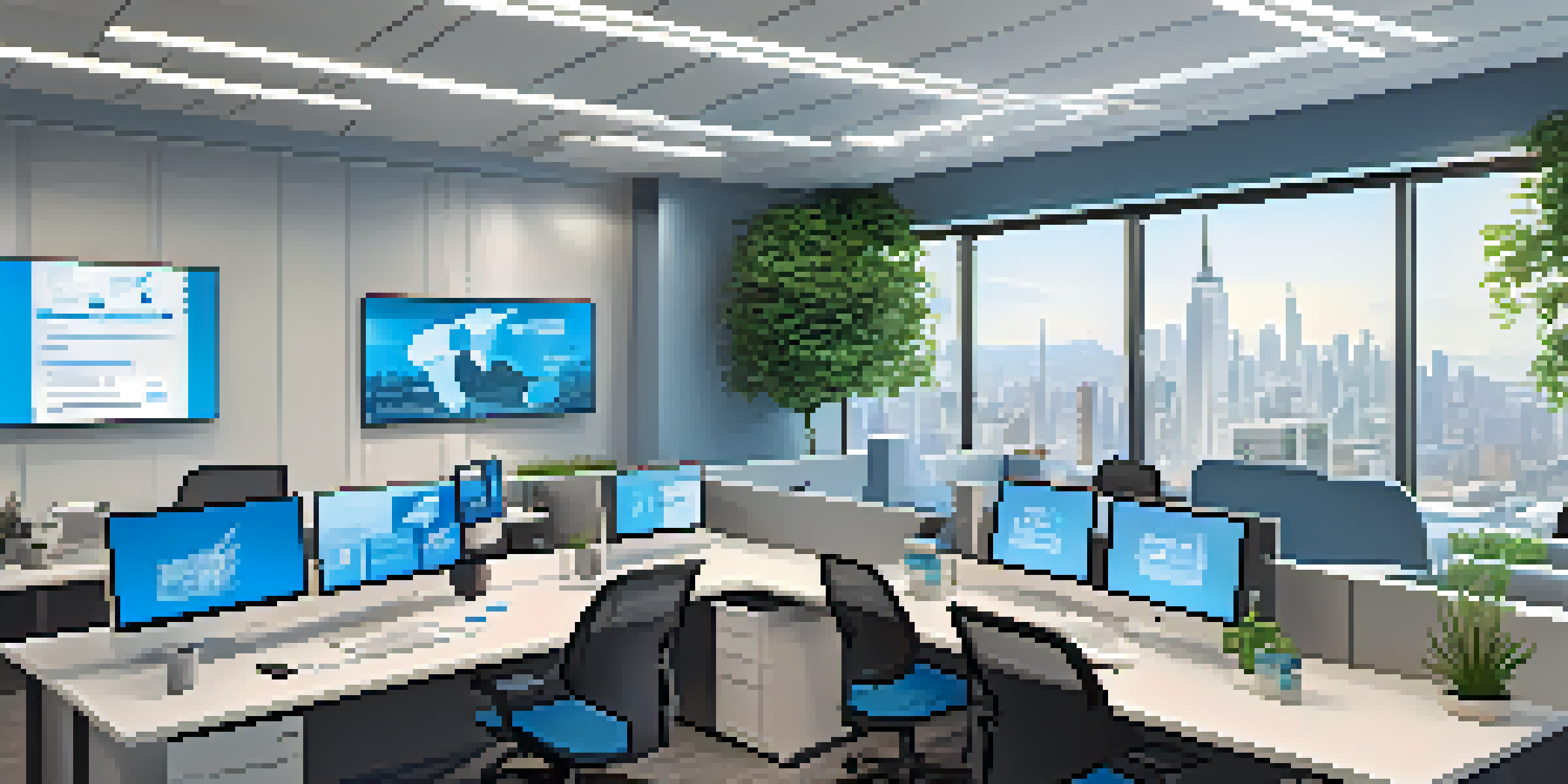 A modern office setup with a team collaborating remotely, featuring multiple screens for virtual meetings and shared documents, large windows, and greenery.