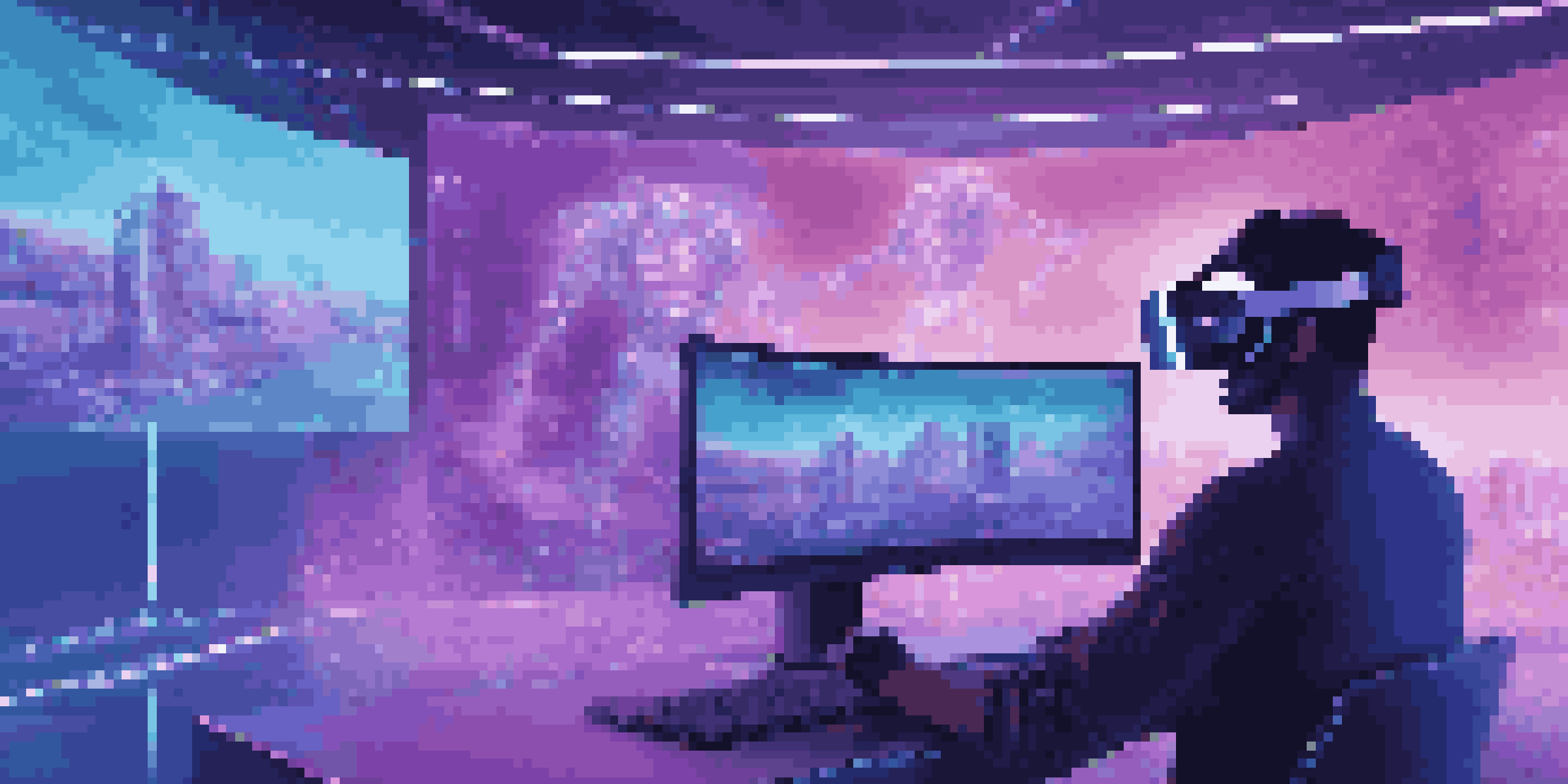 A person using a virtual reality headset in a modern workspace with holographic screens and soft blue and purple lighting.