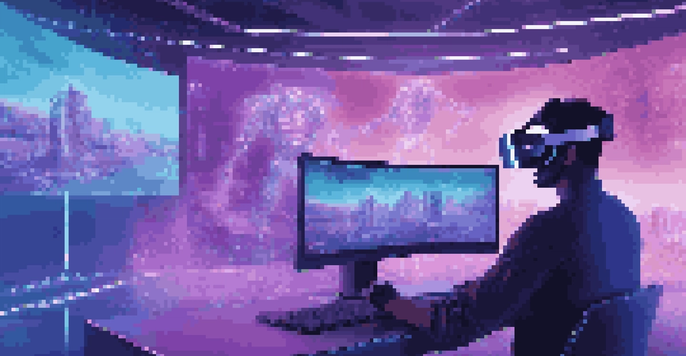 A person using a virtual reality headset in a modern workspace with holographic screens and soft blue and purple lighting.