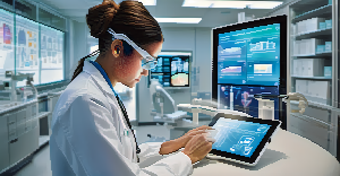 A healthcare professional analyzing patient data on a tablet in a bright clinic, with digital screens around them.