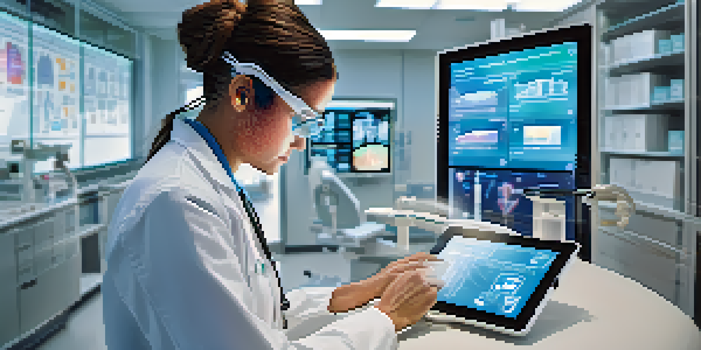 A healthcare professional analyzing patient data on a tablet in a bright clinic, with digital screens around them.