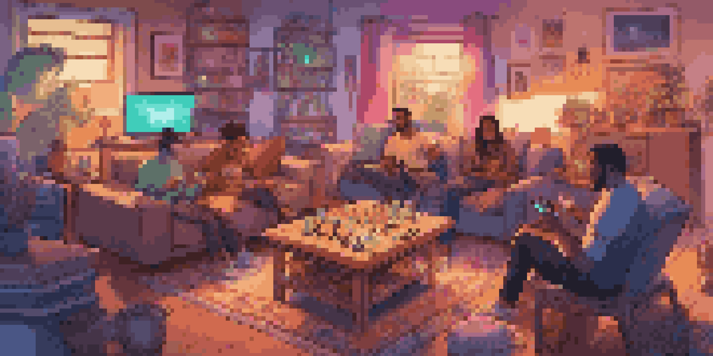 A cozy living room with diverse gamers using different consoles, playing a multiplayer game on a large screen, surrounded by colorful lights and snacks.