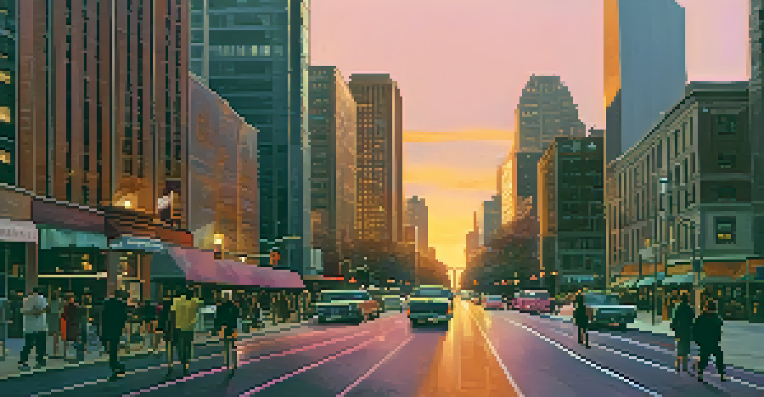 A city street bustling with people and cars at sunset, with skyscrapers silhouetted against a colorful sky.