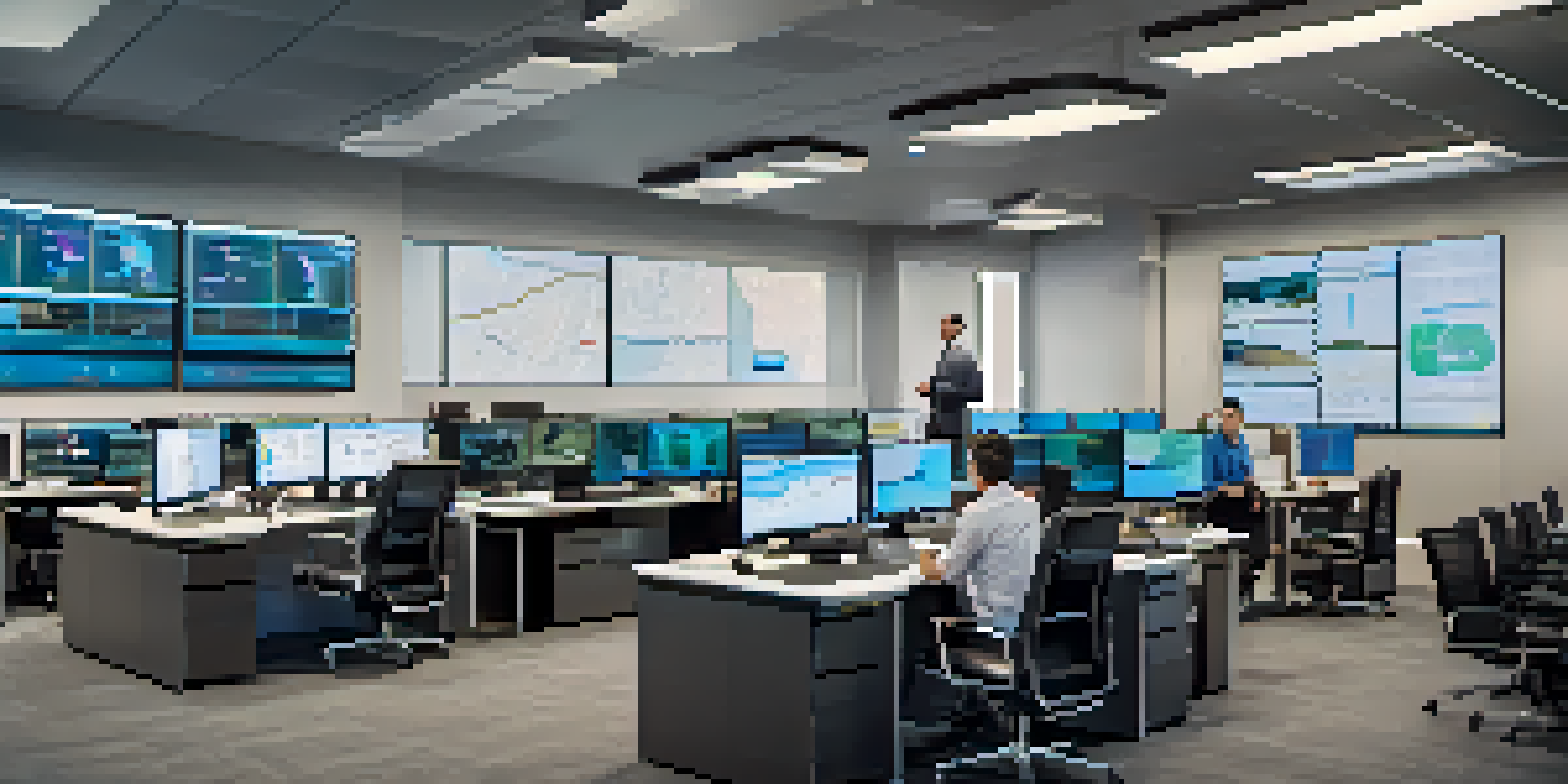 A modern office with screens showing vehicle data, a diverse team of managers discussing telematics.