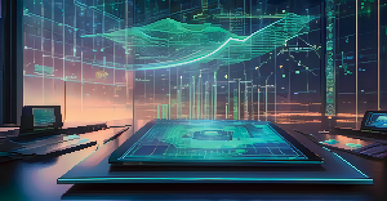 A high-tech AI interface showing predictive financial models with holographic graphs in a futuristic environment.