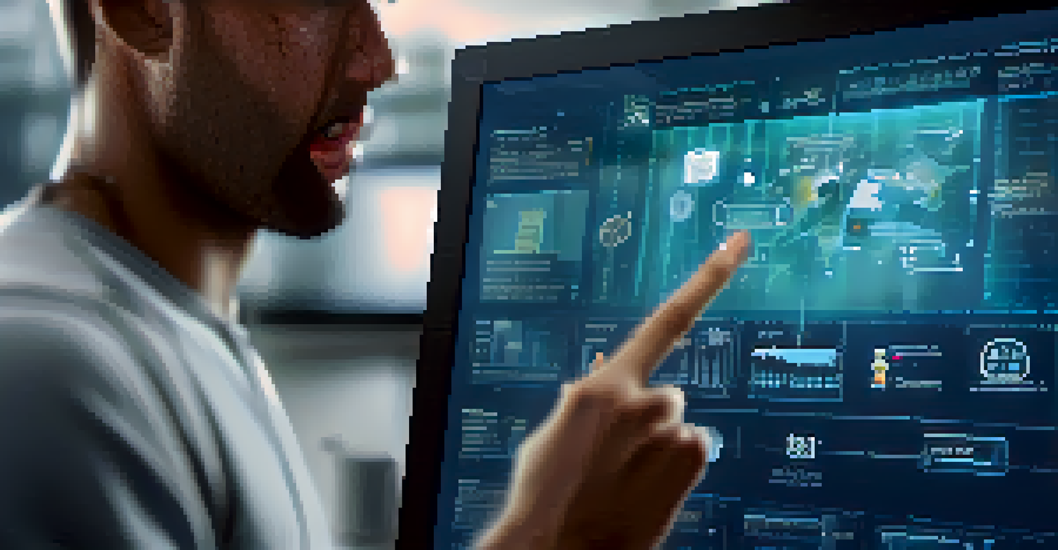 A person interacting with a touchscreen interface for data management, with icons and graphs visible.