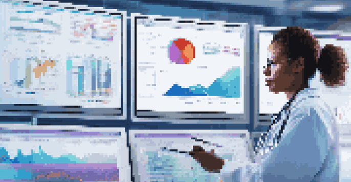 A healthcare worker examining data on a large display, showcasing vibrant graphs in a well-lit hospital environment.