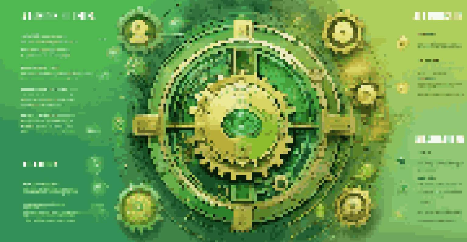 An infographic showing the relationship between AI and blockchain, featuring gears and a vault, with icons for security and efficiency in vibrant green and gold colors.