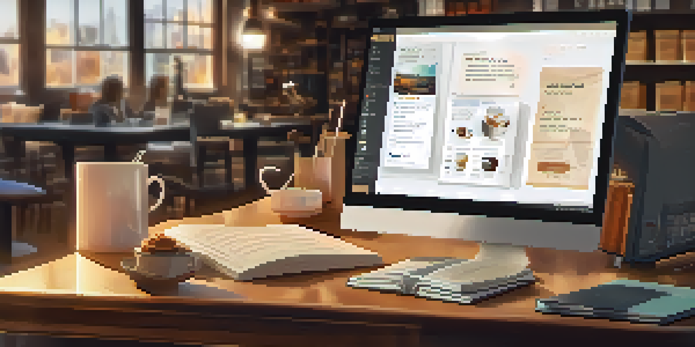 A cozy workspace with a computer showing personalized product recommendations, a cup of coffee, and a notebook.