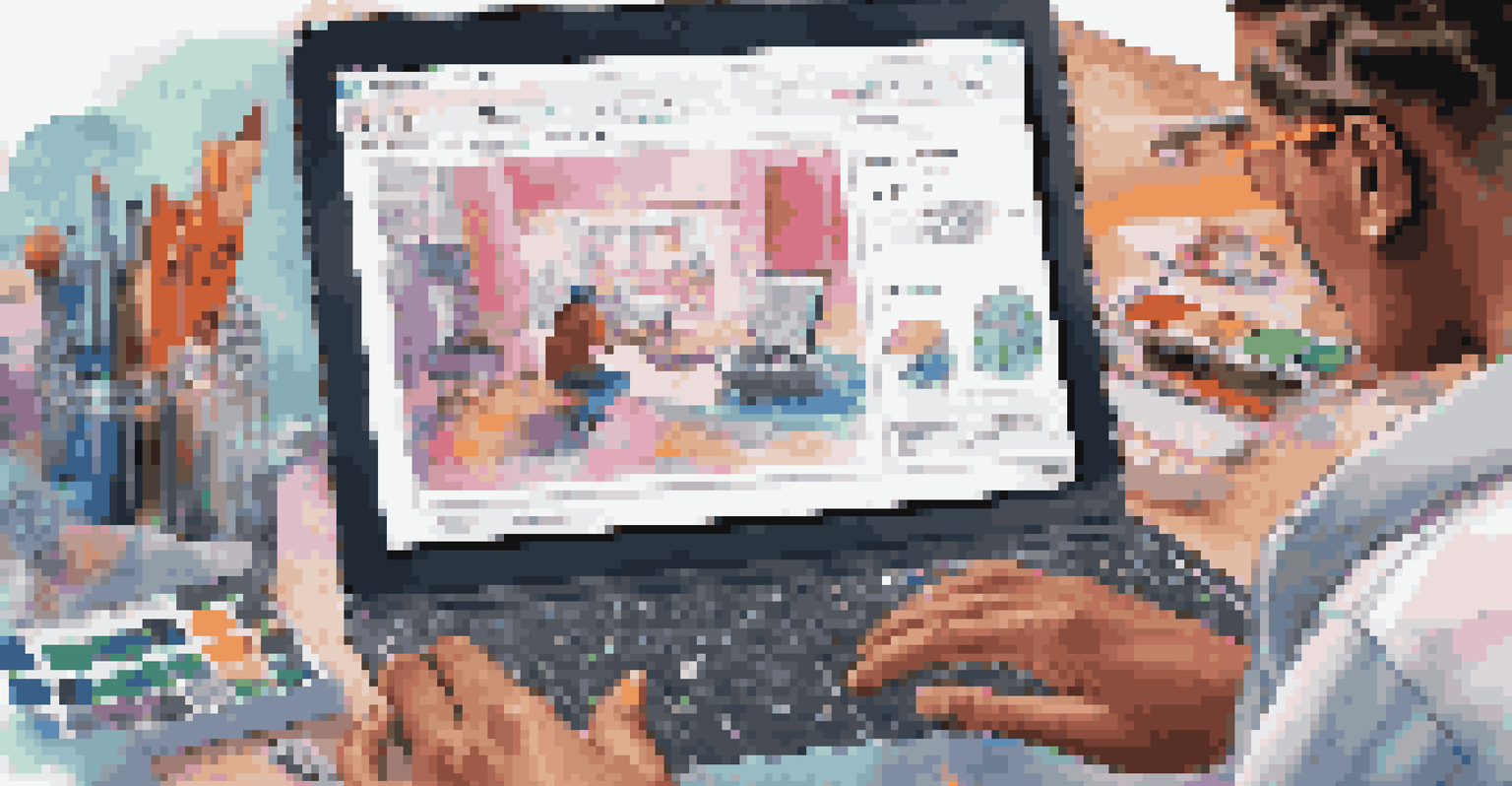 A close-up of a person using an AI-powered content creation tool on a laptop, surrounded by creative materials in a well-lit room.