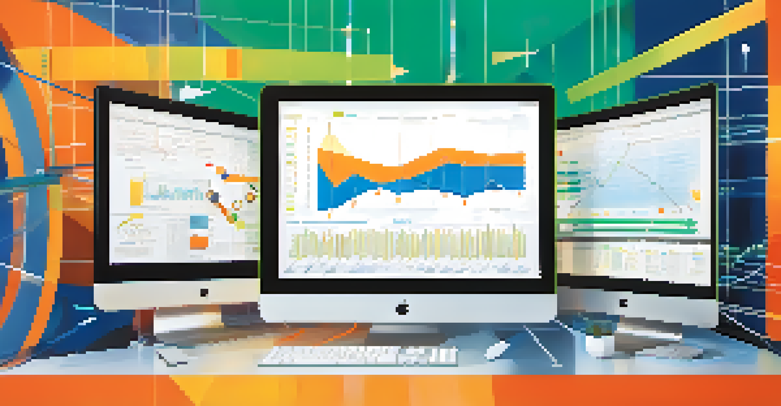An abstract illustration of a feedback loop with arrows and data charts in a digital workspace setting, using bright colors to represent growth.