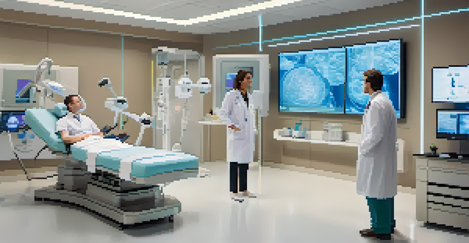A doctor in a modern healthcare setting interacting with an AI system analyzing medical images.