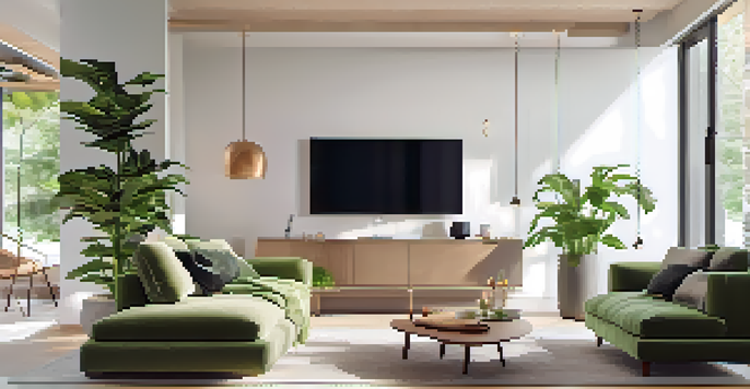 A modern living room with a smart thermostat on the wall, large windows, stylish furniture, and indoor plants in a cozy setting.