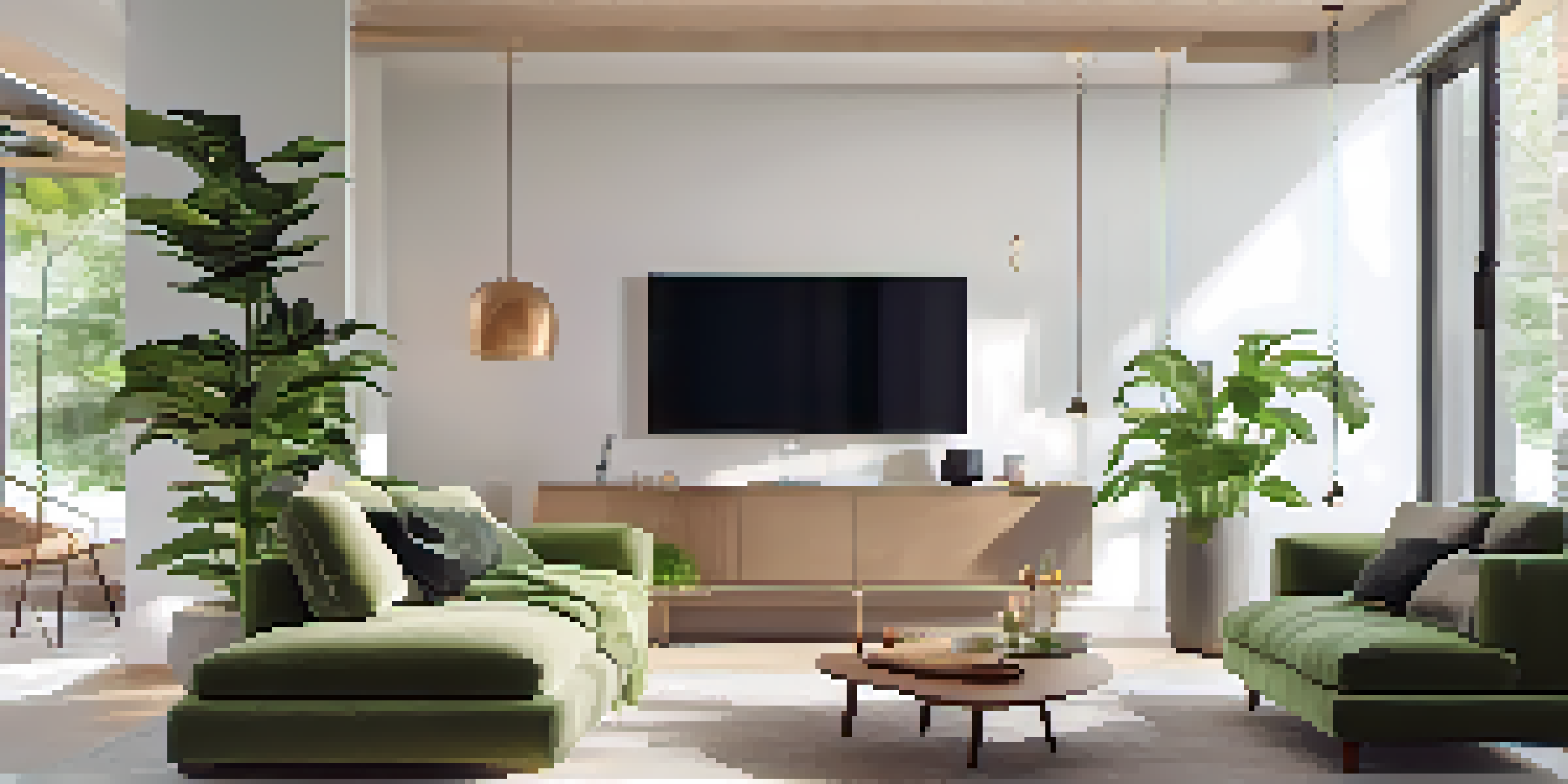 A modern living room with a smart thermostat on the wall, large windows, stylish furniture, and indoor plants in a cozy setting.
