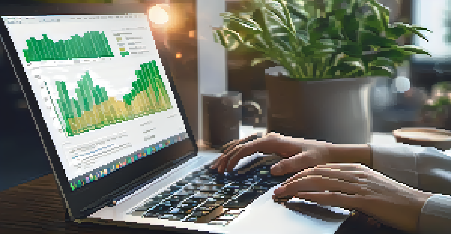 Close-up of hands typing on a laptop with financial graphs on the screen, surrounded by a modern workspace.