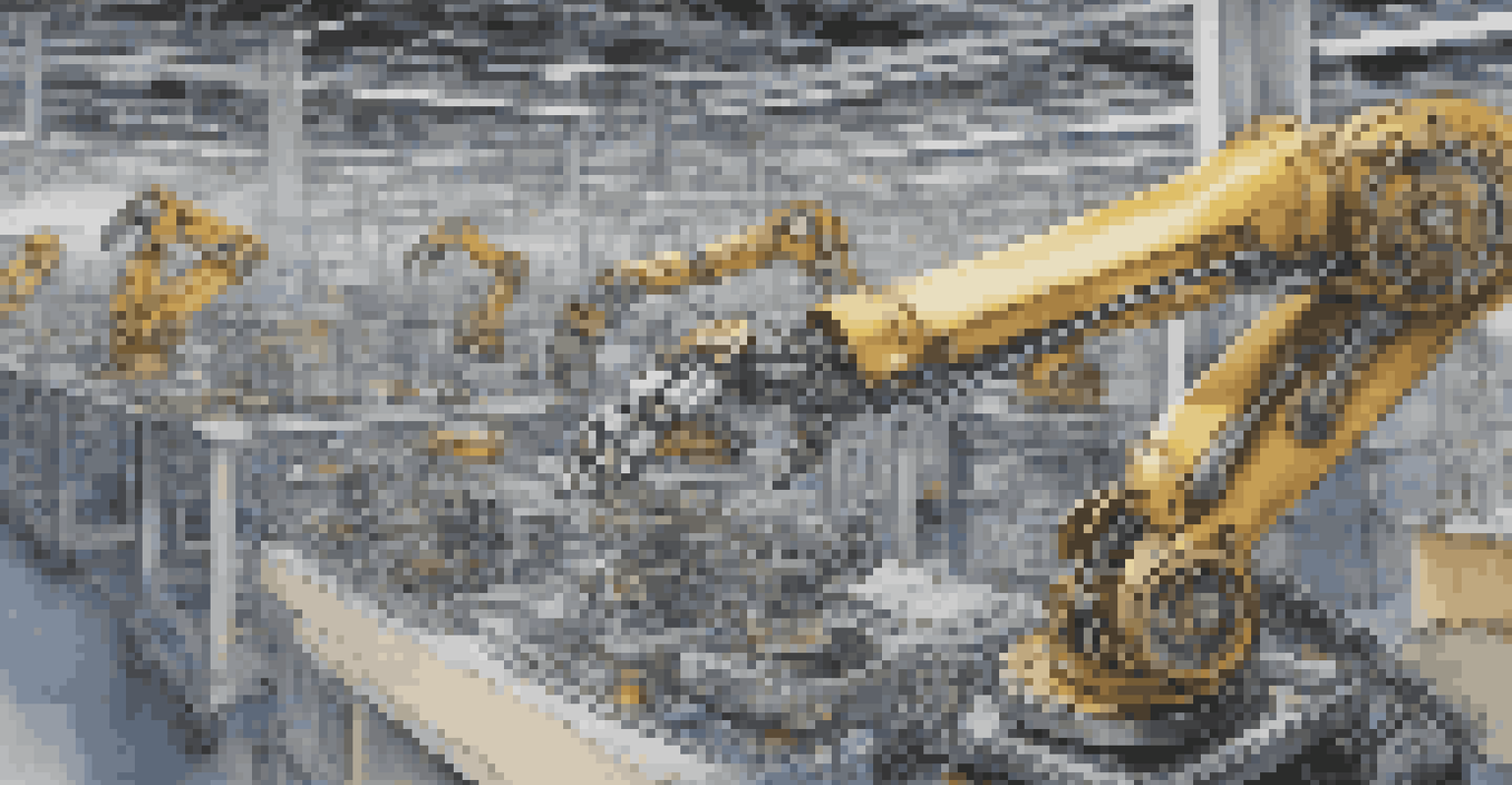 A close-up of a robotic arm working on an assembly line, showcasing its intricate mechanics and technology, with a blurred factory background.
