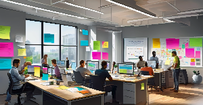 A diverse team of people working together in a bright office space, collaborating over laptops and digital devices, with colorful notes and diagrams around them.