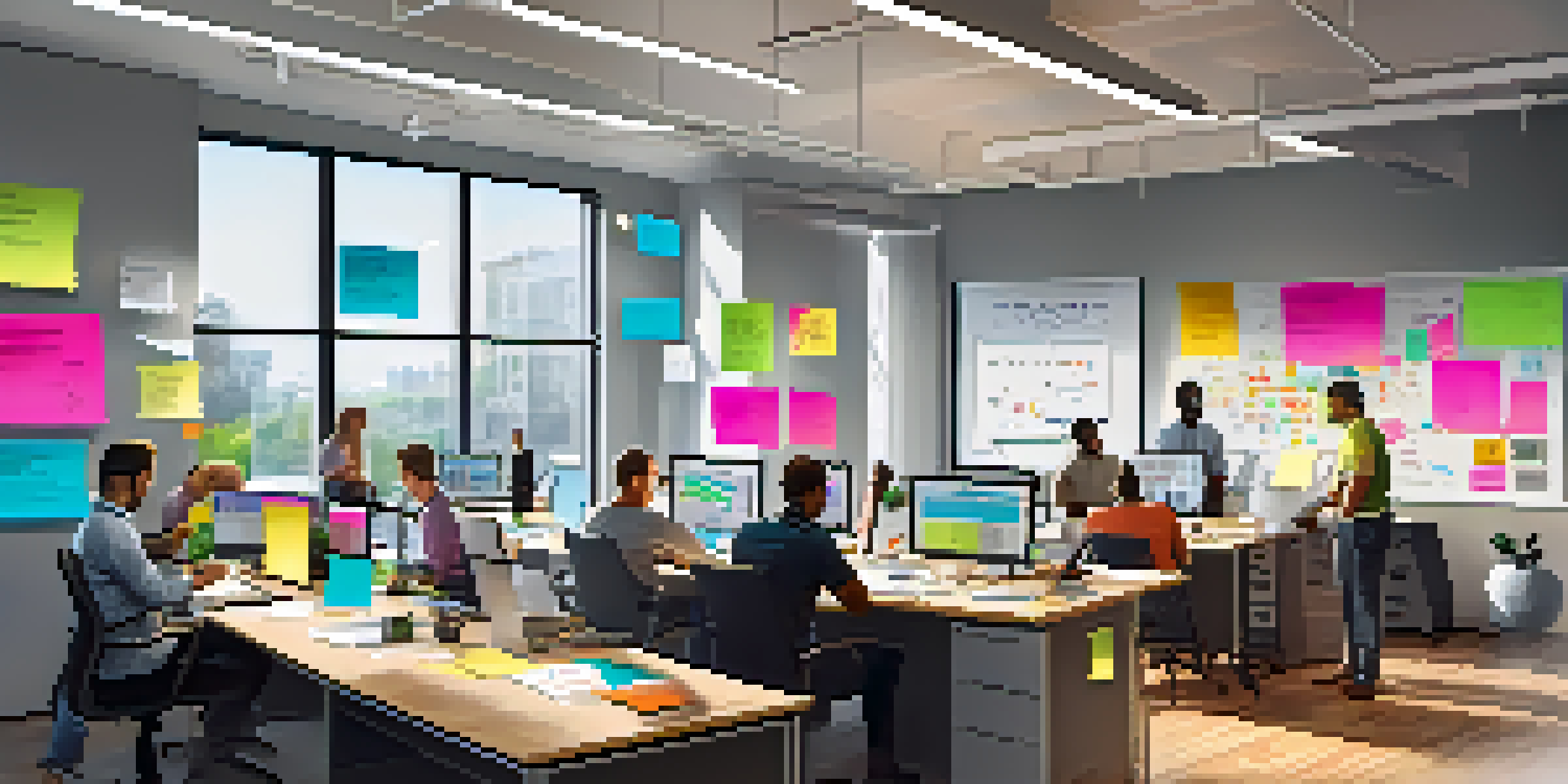 A diverse team of people working together in a bright office space, collaborating over laptops and digital devices, with colorful notes and diagrams around them.