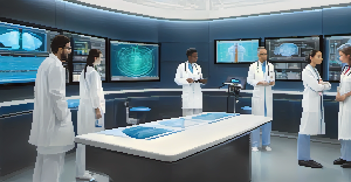 A group of diverse medical professionals collaborating around a high-tech AI diagnostic tool in a modern healthcare setting.