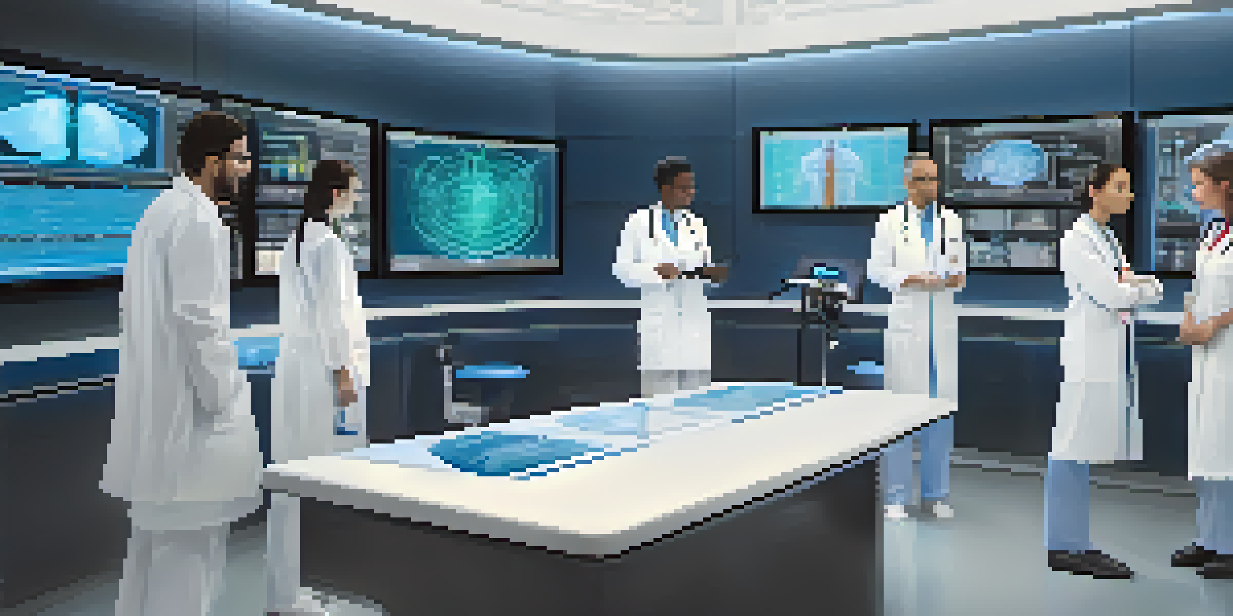 A group of diverse medical professionals collaborating around a high-tech AI diagnostic tool in a modern healthcare setting.