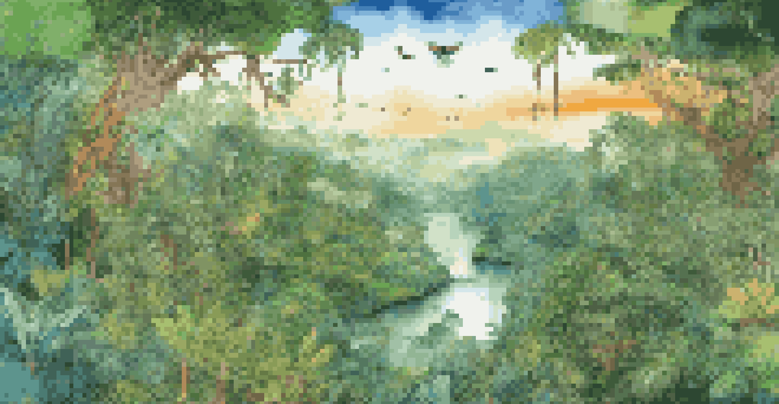 An aerial view of a vibrant rainforest with digital graphics showcasing biodiversity and AI analytics.