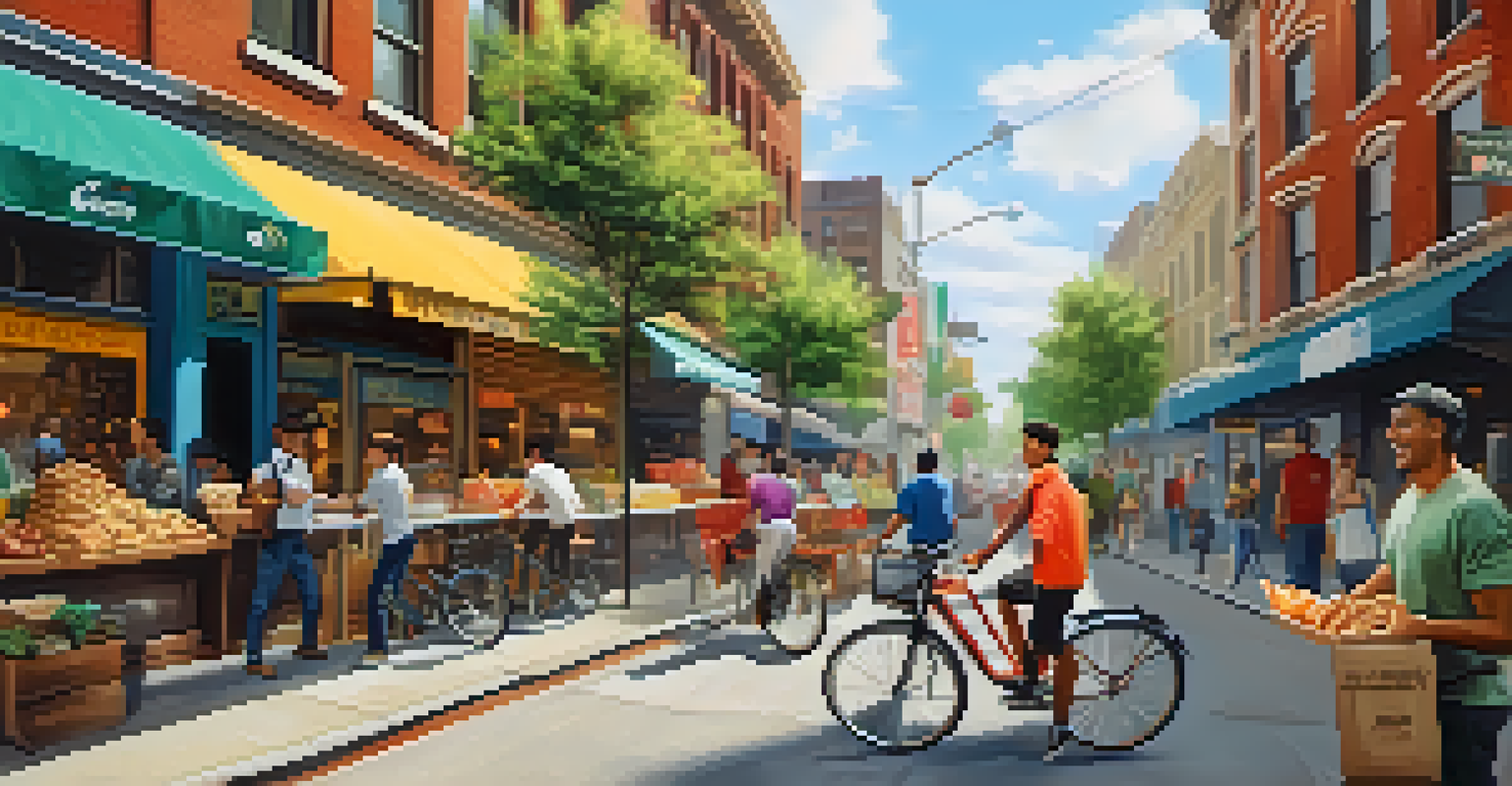 A city street scene showing a delivery person on a bicycle delivering food to a customer, illustrating the convenience of on-demand services.
