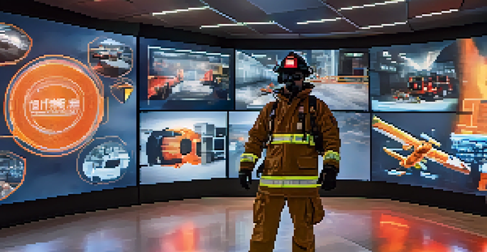 A firefighter wearing a virtual reality headset in a modern training room, with screens showing emergency scenarios.