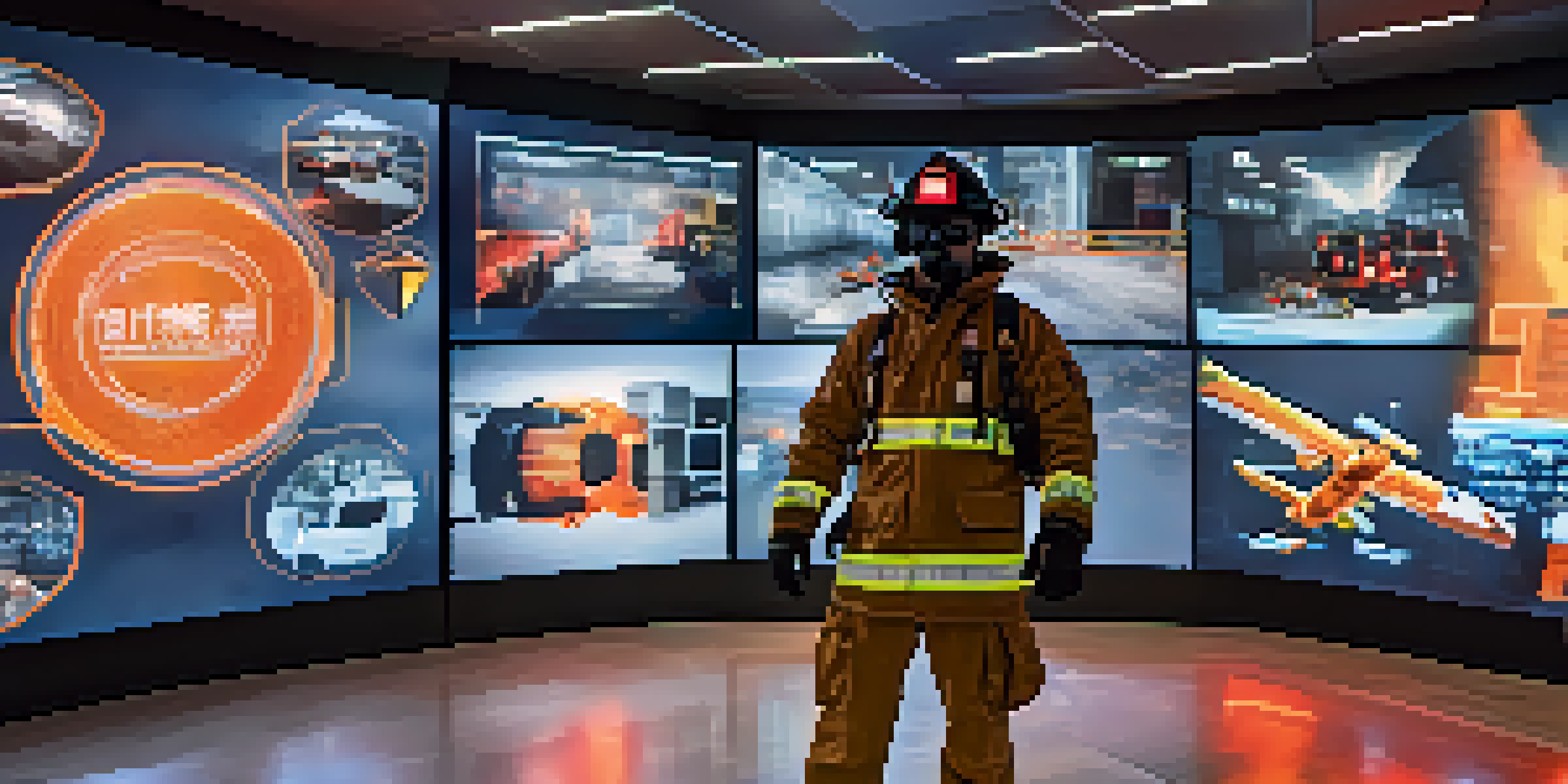 A firefighter wearing a virtual reality headset in a modern training room, with screens showing emergency scenarios.