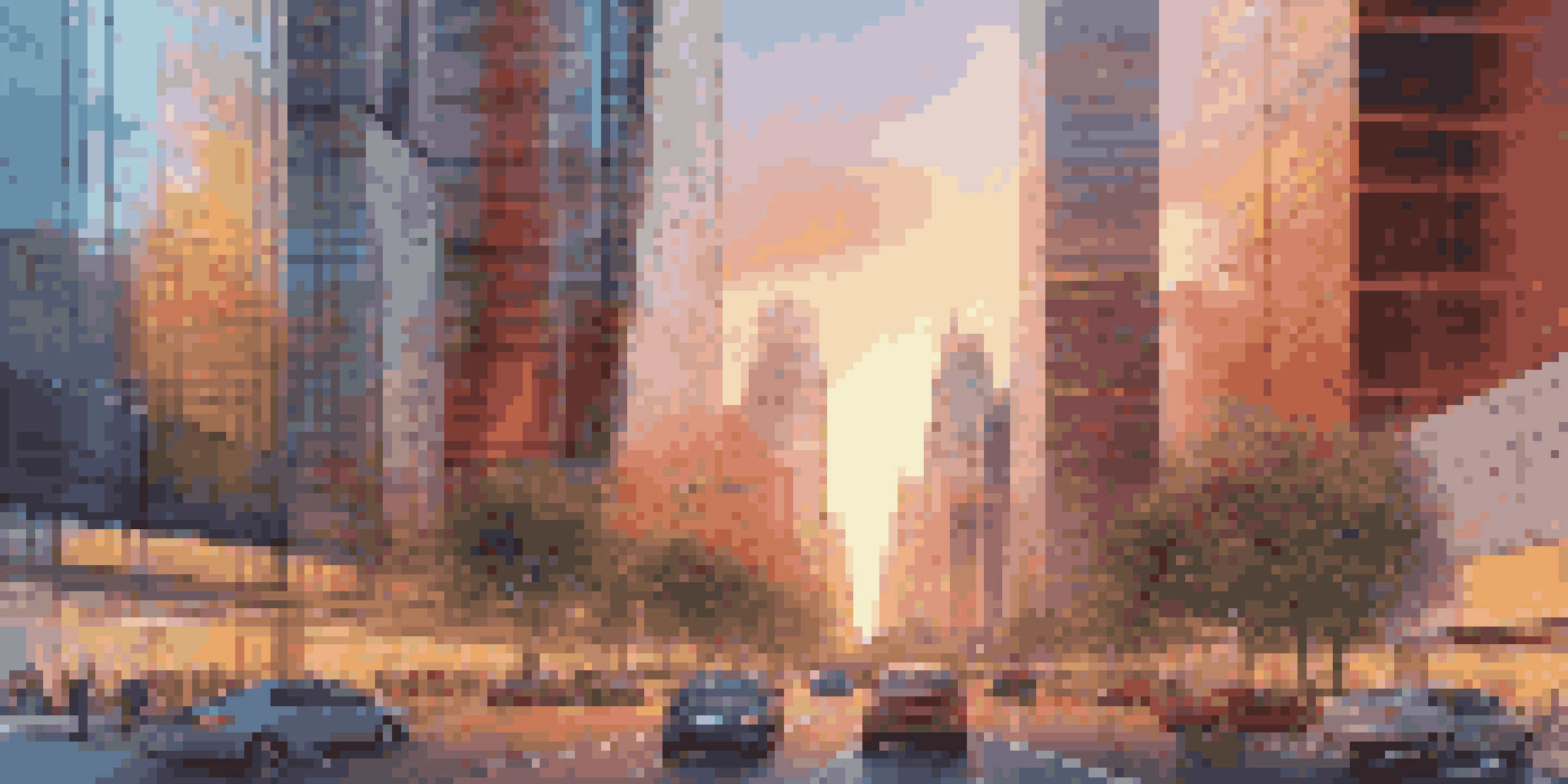 A detailed cityscape at sunset with colorful skyscrapers and digital metrics overlay.