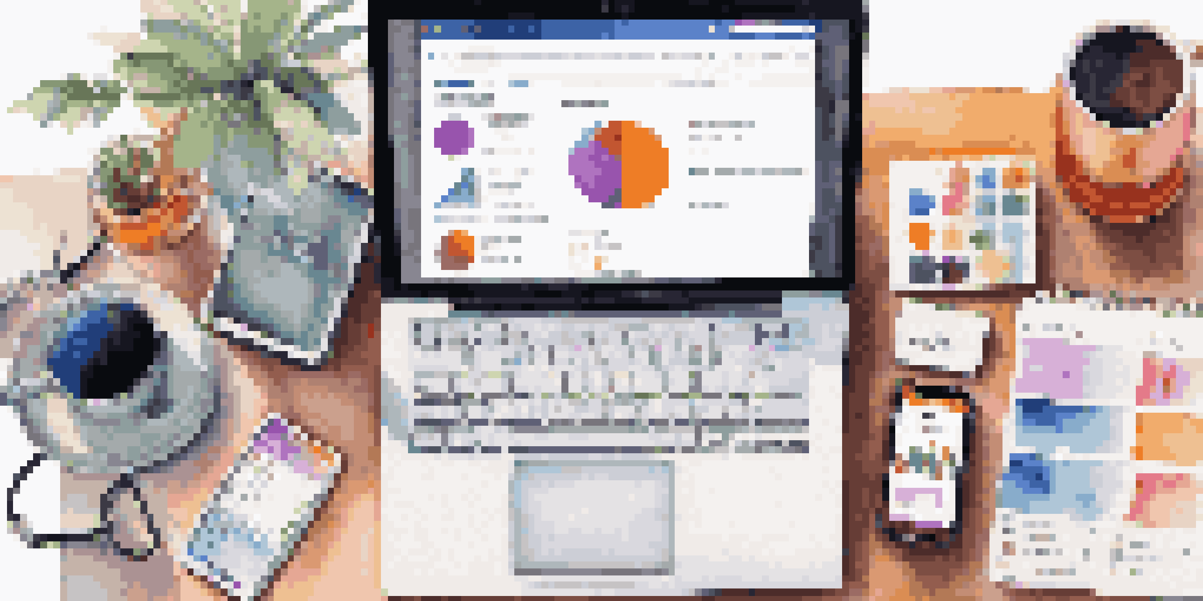 A flat lay image showcasing influencer marketing tools including a laptop, smartphone, and colorful notepads, illuminated by natural light.