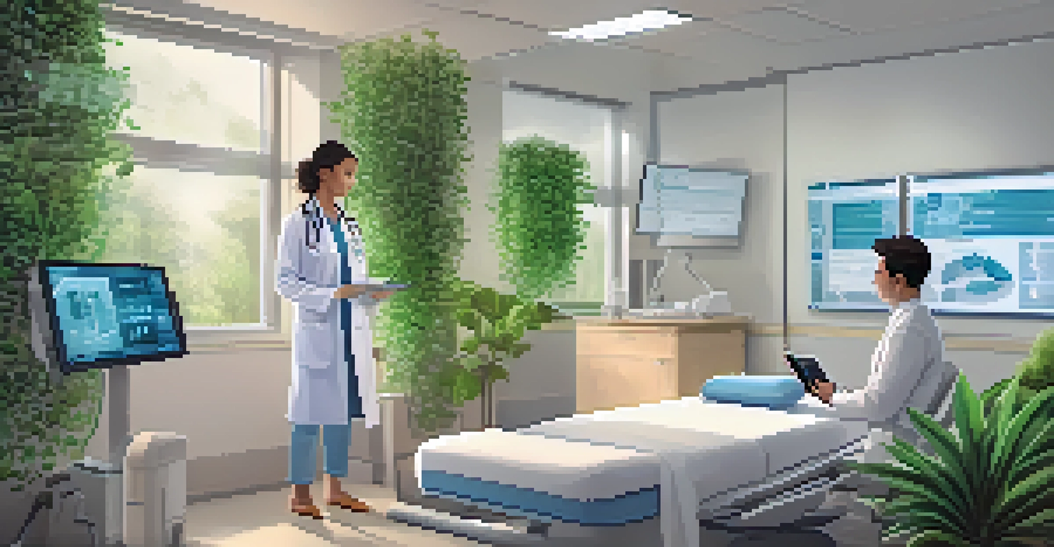 A healthcare professional and patient discussing medical records on a digital tablet in a bright examination room.