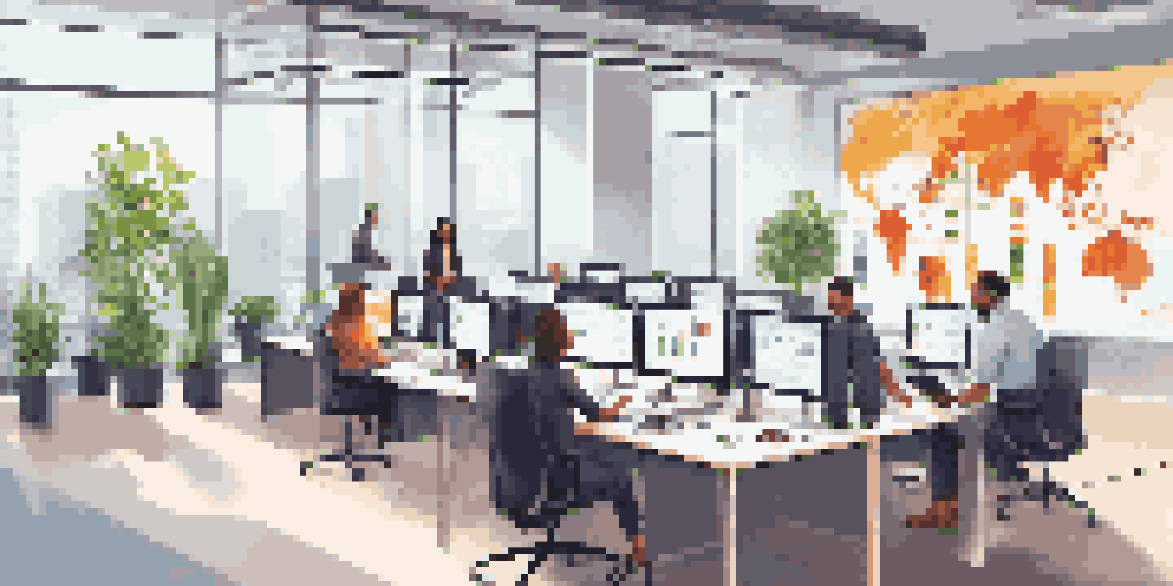 A diverse team of customer service agents in a bright office analyzing social media analytics on large screens with graphs and metrics displayed.
