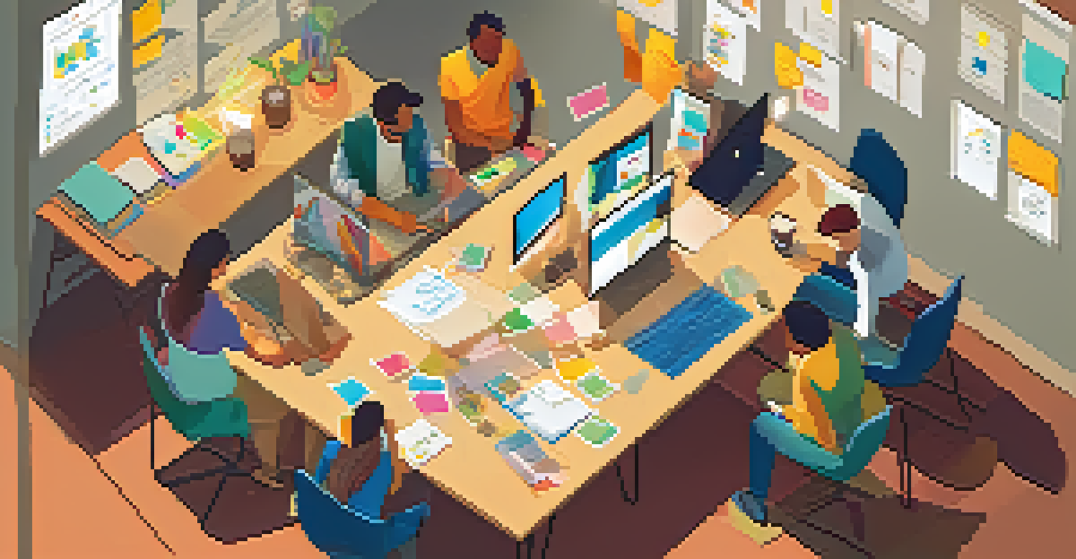 An overhead view of a collaborative workspace with team members discussing ideas around a large table.