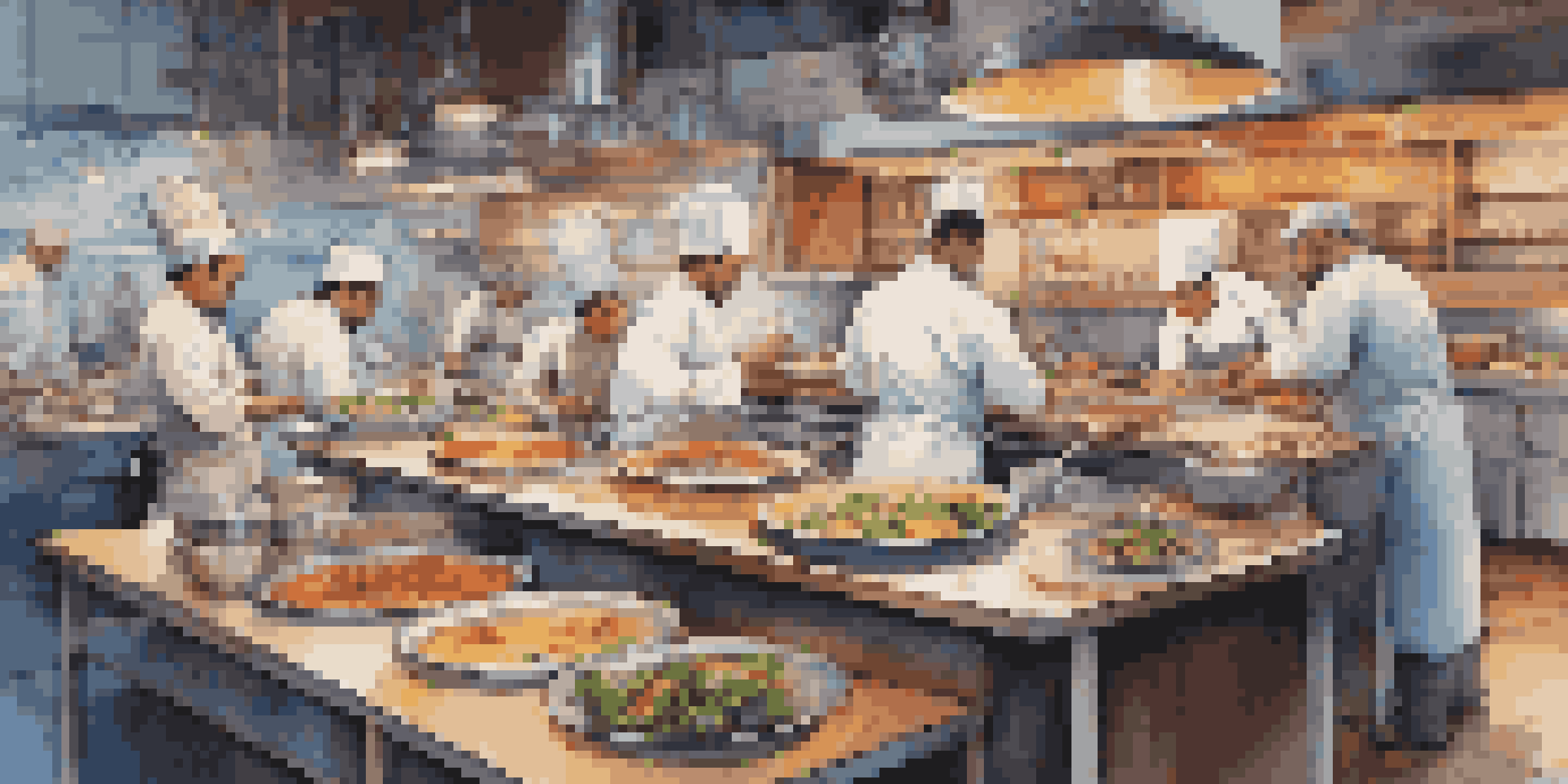 A busy restaurant kitchen with several chefs cooking different dishes in their own workspaces, showcasing a variety of colorful ingredients and cooking styles.