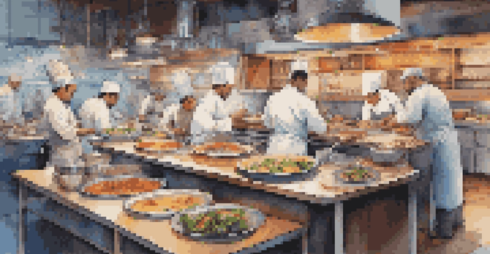 A busy restaurant kitchen with several chefs cooking different dishes in their own workspaces, showcasing a variety of colorful ingredients and cooking styles.