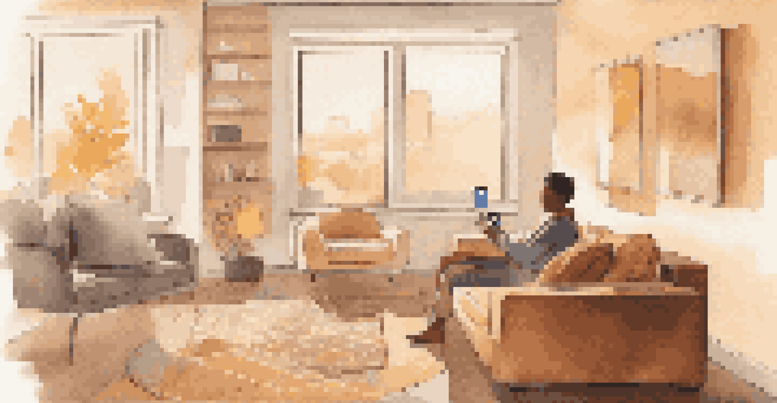 A close-up of a person interacting with a smart thermostat in a warm and cozy living room.