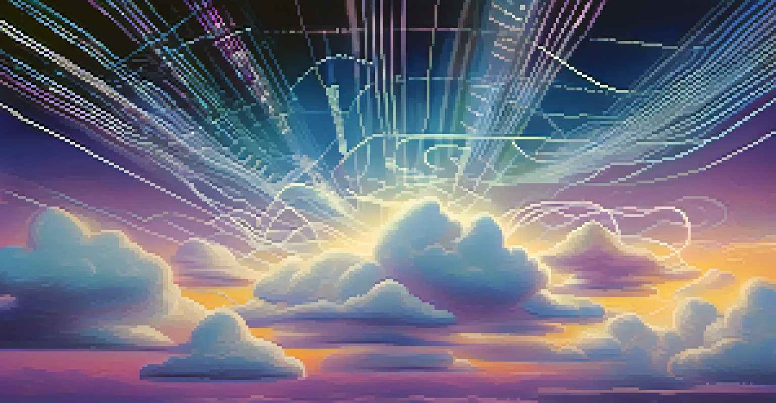 An artistic depiction of cloud computing with interconnected clouds and digital symbols on a gradient blue and purple background.