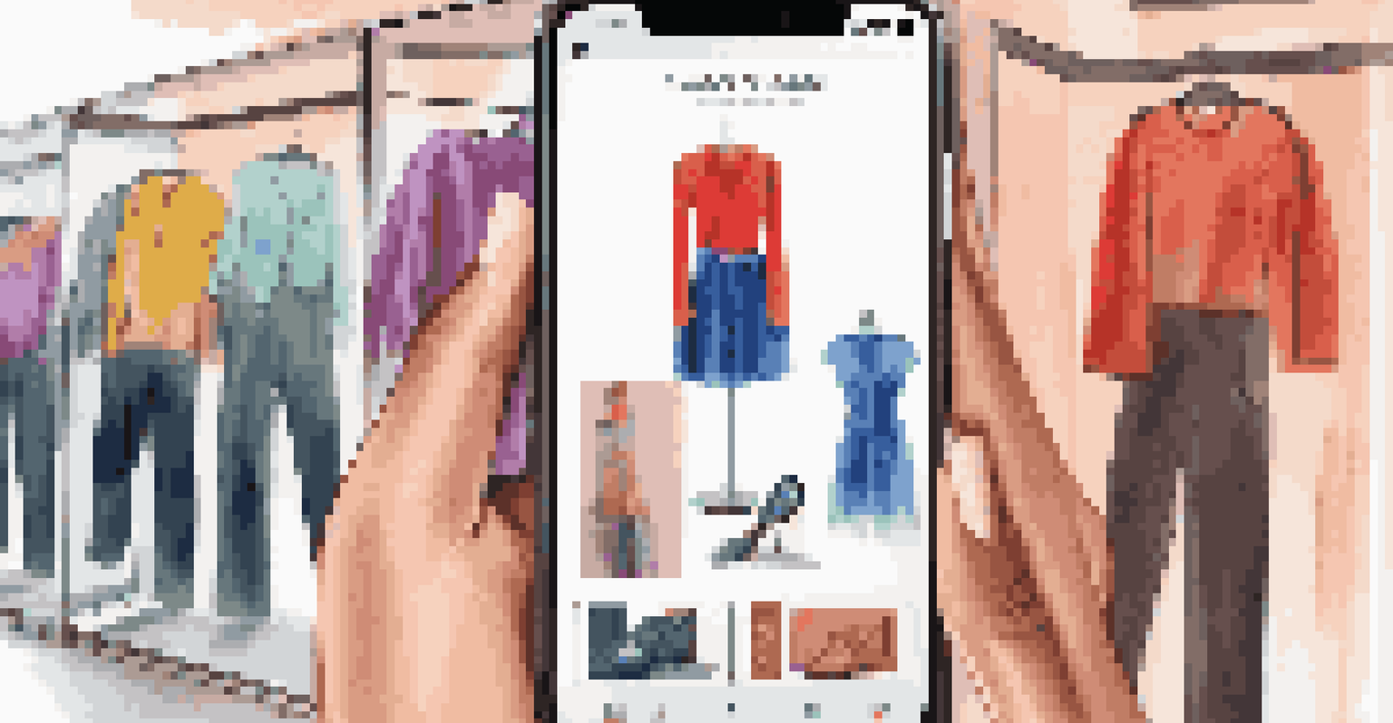 A smartphone with an augmented reality app showing a user trying on virtual clothes, set against a colorful retail store backdrop.