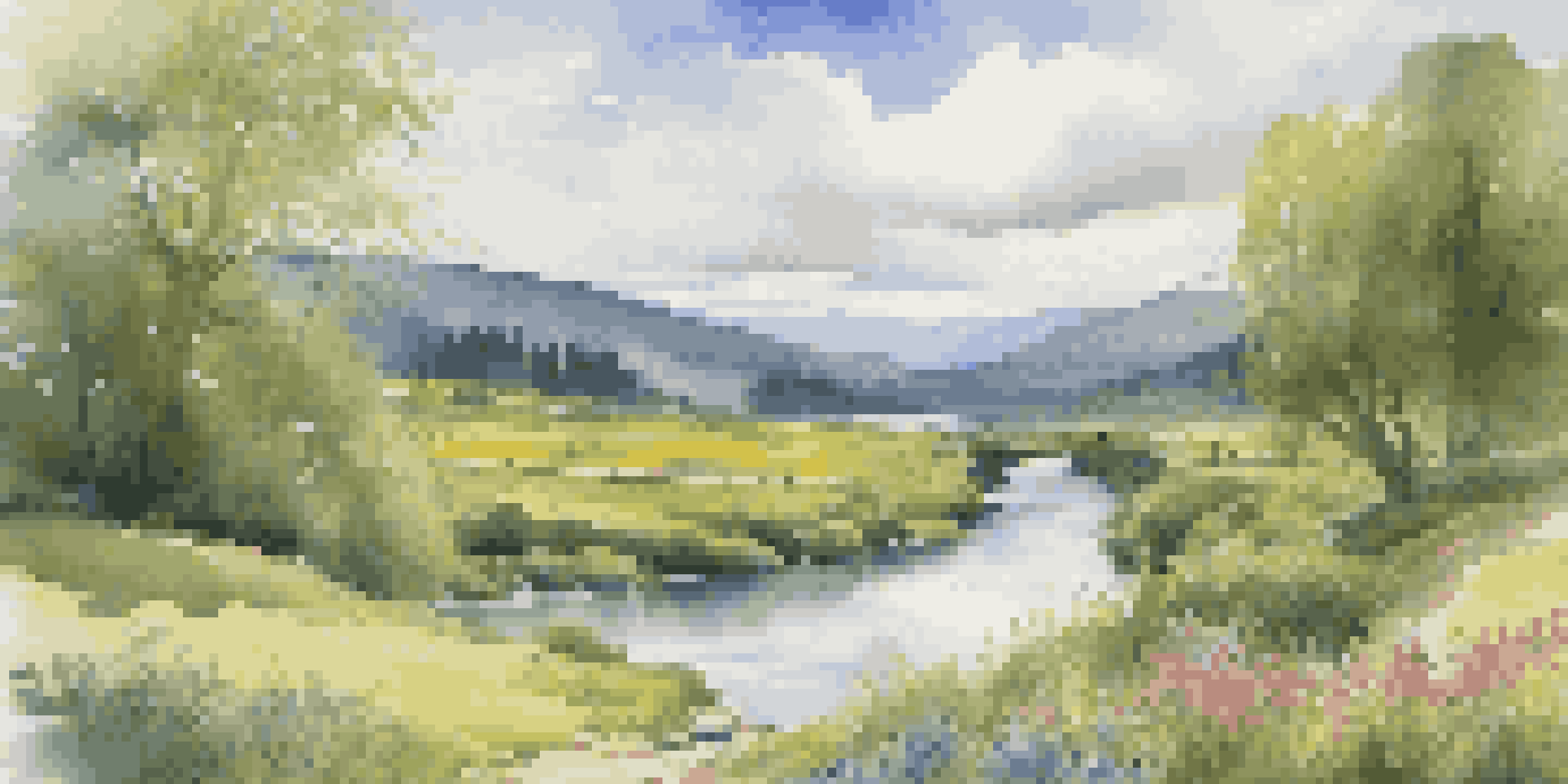 A peaceful green valley with a winding river, wildflowers, and a cozy cabin under a blue sky with clouds.