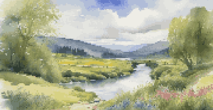 A peaceful green valley with a winding river, wildflowers, and a cozy cabin under a blue sky with clouds.