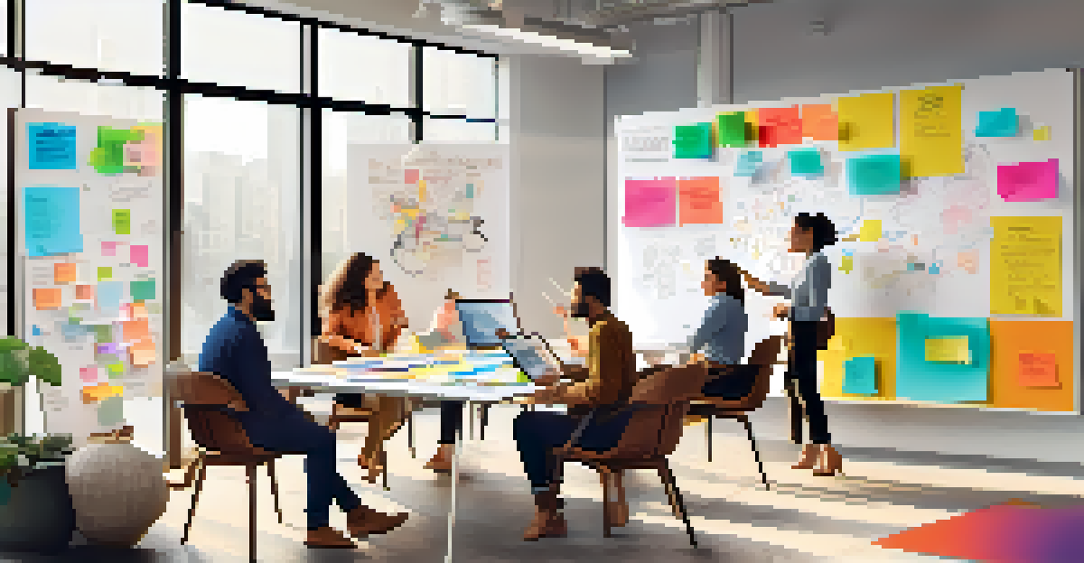 A diverse team brainstorming over user personas in a bright and modern workspace.