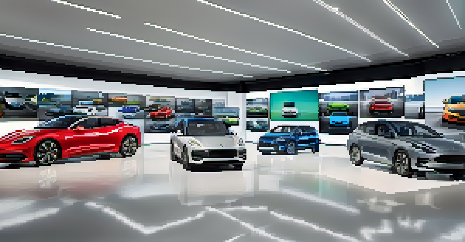 Customers in a bright showroom using AR technology to interact with car models and features.