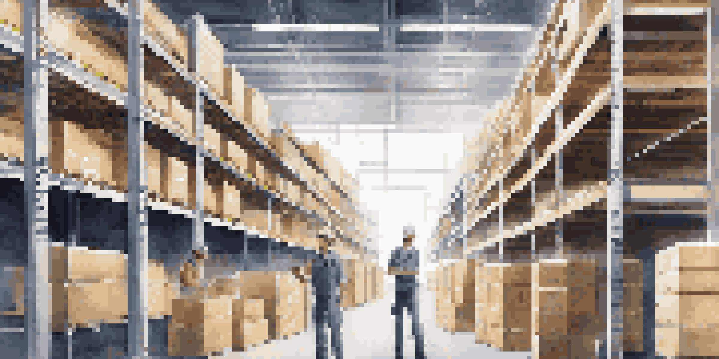 A spacious warehouse filled with shelves of boxes and smart sensors, illuminated by natural light, with workers scanning items and a digital screen showing inventory data.