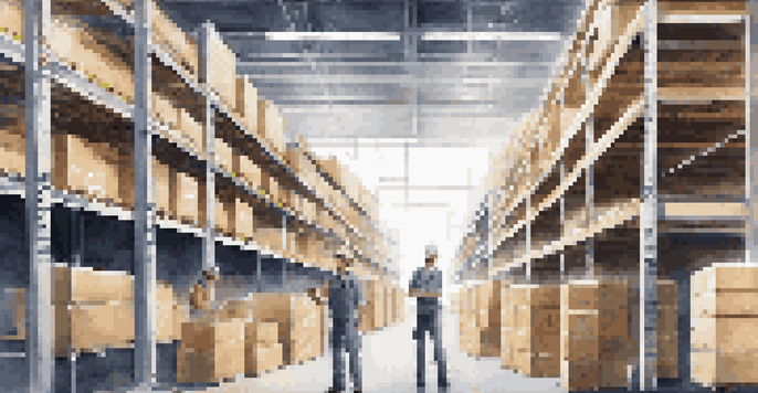 A spacious warehouse filled with shelves of boxes and smart sensors, illuminated by natural light, with workers scanning items and a digital screen showing inventory data.