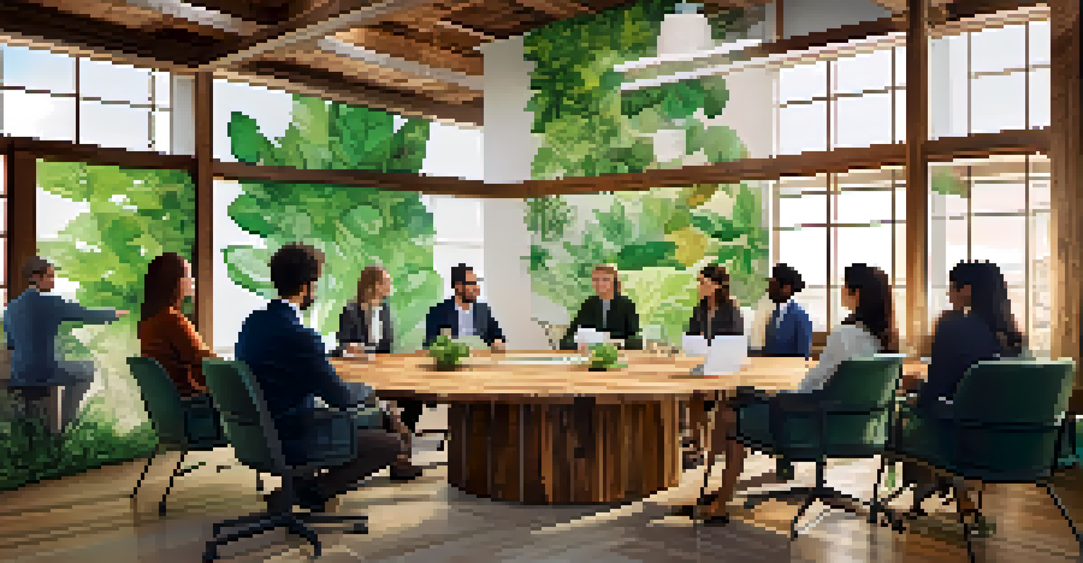 A conference room with eco-friendly decor and participants discussing sustainability.
