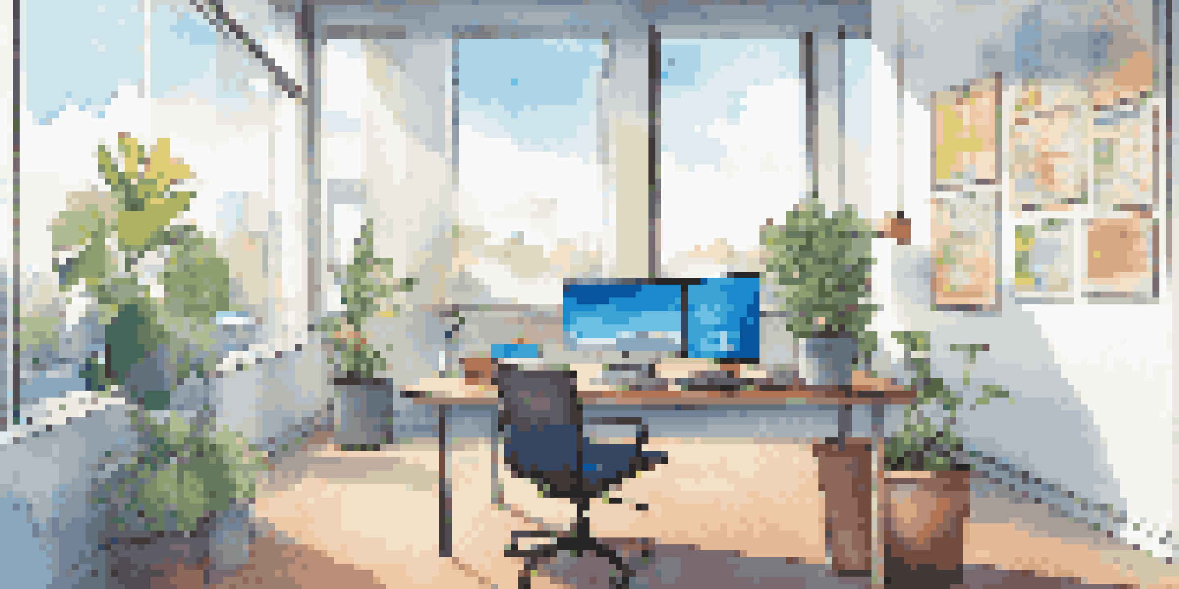 A bright office space with a desk, laptop, and plants, featuring inspirational quotes and data charts on the walls, illuminated by natural light.