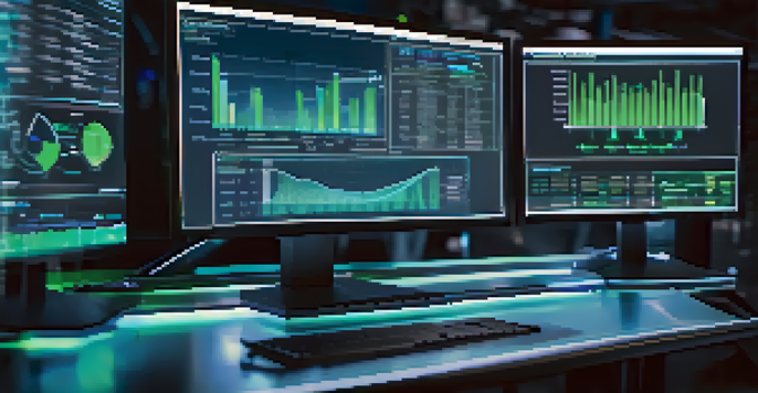 A digital twin interface on a computer screen showcasing graphs and data analytics with a factory in the background.