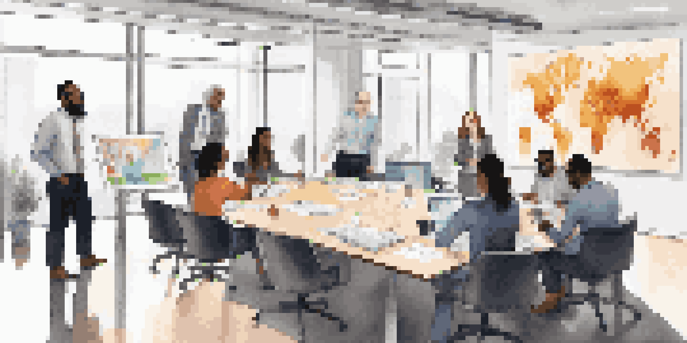 A diverse group of professionals in a conference room, analyzing data visualizations together.