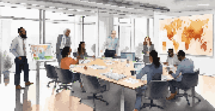 A diverse group of professionals in a conference room, analyzing data visualizations together.